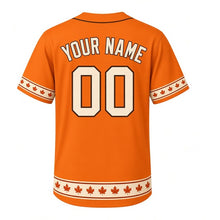 Load image into Gallery viewer, Lake Park Pavilion Milwaukee Baseball Jersey in Harvest Orange, back view with your name and number – falling-leaf stripe sleeves