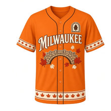 Load image into Gallery viewer, Lake Park Pavilion Milwaukee Baseball Jersey in Harvest Orange, front view – stone footbridge and maple leaf graphic with oak-leaf crest, custom name and number