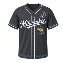 Load image into Gallery viewer, Lake Perch Catch Milwaukee Baseball Jersey in Dock Charcoal, front view – leaping striped perch over a wave graphic with fishhook crest, custom name and number