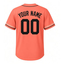 Load image into Gallery viewer, Lake Perch Catch Milwaukee Baseball Jersey in Sunset Coral, back view with your name and number – custom block name and number with wave-stripe sleeves