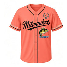 Load image into Gallery viewer, Lake Perch Catch Milwaukee Baseball Jersey in Sunset Coral, front view – leaping striped perch over a wave graphic with fishhook crest, custom name and number