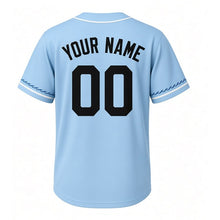 Load image into Gallery viewer, Lake Perch Catch Milwaukee Baseball Jersey in Lake Sky Blue, back view with your name and number – custom block name and number with wave-stripe sleeves