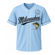 Load image into Gallery viewer, Lake Perch Catch Milwaukee Baseball Jersey in Lake Sky Blue, front view – leaping striped perch over a wave graphic with fishhook crest, custom name and number