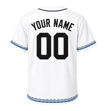 Load image into Gallery viewer, Lake Perch Catch Milwaukee Baseball Jersey in Pier White, back view with your name and number – custom block name and number with wave-stripe sleeves