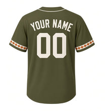 Load image into Gallery viewer, Lake Sturgeon Run Milwaukee Baseball Jersey in River Olive, back view with your name and number – custom block name and number with scute-stripe sleeves