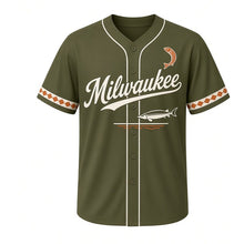 Load image into Gallery viewer, Lake Sturgeon Run Milwaukee Baseball Jersey in River Olive, front view – lake sturgeon swimming graphic with fish-scale crest, custom name and number