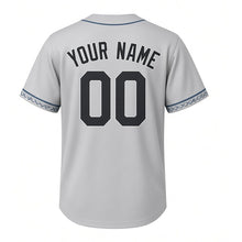 Load image into Gallery viewer, Lake Sturgeon Run Milwaukee Baseball Jersey in Riverstone Silver Gray, back view with your name and number – custom block name and number with scute-stripe sleeves