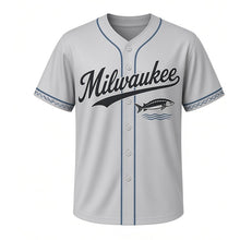 Load image into Gallery viewer, Lake Sturgeon Run Milwaukee Baseball Jersey in Riverstone Silver Gray, front view – lake sturgeon swimming graphic with fish-scale crest, custom name and number