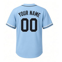 Load image into Gallery viewer, Lake Sturgeon Run Milwaukee Baseball Jersey in Spring Sky Blue, back view with your name and number – custom block name and number with scute-stripe sleeves