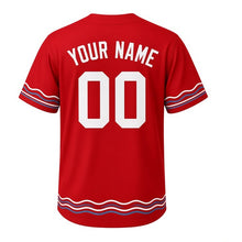 Load image into Gallery viewer, Lake Trout Fishing Milwaukee Baseball Jersey in Lure Red, back view with your name and number – custom block name and number with wave-stripe sleeves