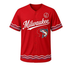 Load image into Gallery viewer, Lake Trout Fishing Milwaukee Baseball Jersey in Lure Red, front view – leaping lake trout with fishing line graphic with fish-hook crest, custom name and number