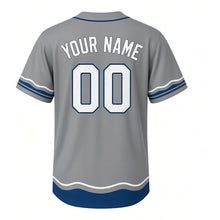 Load image into Gallery viewer, Lake Trout Fishing Milwaukee Baseball Jersey in Pier Stone Gray, back view with your name and number – custom block name and number with wave-stripe sleeves