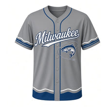 Load image into Gallery viewer, Lake Trout Fishing Milwaukee Baseball Jersey in Pier Stone Gray, front view – leaping lake trout with fishing line graphic with fish-hook crest, custom name and number