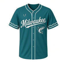 Load image into Gallery viewer, Lake Trout Fishing Milwaukee Baseball Jersey in Deep Lake Teal, front view – leaping lake trout with fishing line graphic with fish-hook crest, custom name and number