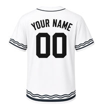 Load image into Gallery viewer, Lake Trout Fishing Milwaukee Baseball Jersey in Whitecap White, back view with your name and number – custom block name and number with wave-stripe sleeves