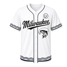 Load image into Gallery viewer, Lake Trout Fishing Milwaukee Baseball Jersey in Whitecap White, front view – leaping lake trout with fishing line graphic with fish-hook crest, custom name and number