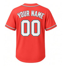 Load image into Gallery viewer, Lakefront Lighthouse Milwaukee Baseball Jersey in Signal Coral, back view with your name and number – lake-color lettering and piped sleeves