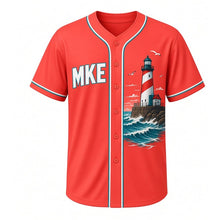 Load image into Gallery viewer, Lakefront Lighthouse Milwaukee Baseball Jersey in Signal Coral, front view – MKE letters and red breakwater lighthouse art, custom name and number