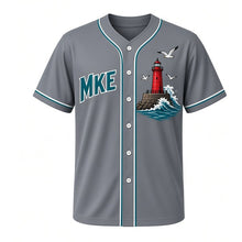 Load image into Gallery viewer, Lakefront Lighthouse Milwaukee Baseball Jersey in Harbor Slate, front view – MKE letters and red breakwater lighthouse art, custom name and number