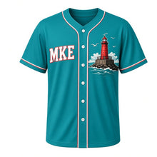 Load image into Gallery viewer, Lakefront Lighthouse Milwaukee Baseball Jersey in Lake Teal, front view – MKE letters and red breakwater lighthouse art, custom name and number
