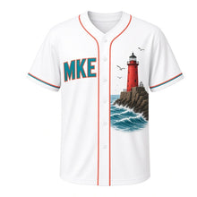 Load image into Gallery viewer, Lakefront Lighthouse Milwaukee Baseball Jersey in Breakwater White, front view – MKE letters and red breakwater lighthouse art, custom name and number