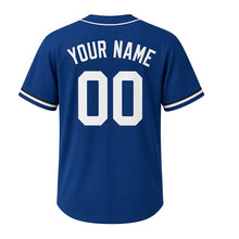 Load image into Gallery viewer, Lakefront Museum Wings Milwaukee Baseball Jersey in Lake Michigan Blue, back view with your name and number – custom block name and number with rib-pattern sleeves