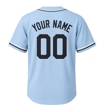 Load image into Gallery viewer, Lakefront Museum Wings Milwaukee Baseball Jersey in Daybreak Sky, back view with your name and number – custom block name and number with rib-pattern sleeves