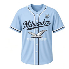 Load image into Gallery viewer, Lakefront Museum Wings Milwaukee Baseball Jersey in Daybreak Sky, front view – sail-wing pavilion and wave graphic with wing-and-wave crest, custom name and number