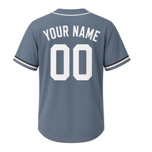 Load image into Gallery viewer, Lakefront Museum Wings Milwaukee Baseball Jersey in Brise Soleil Steel, back view with your name and number – custom block name and number with rib-pattern sleeves