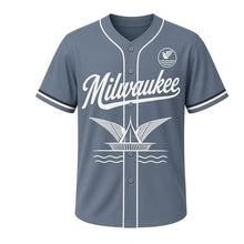 Load image into Gallery viewer, Lakefront Museum Wings Milwaukee Baseball Jersey in Brise Soleil Steel, front view – sail-wing pavilion and wave graphic with wing-and-wave crest, custom name and number