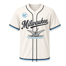 Load image into Gallery viewer, Lakefront Museum Wings Milwaukee Baseball Jersey in Sail Wing White, front view – sail-wing pavilion and wave graphic with wing-and-wave crest, custom name and number