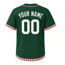 Load image into Gallery viewer, Lakefront Picnic Milwaukee Baseball Jersey in Park Lawn Green, back view with your name and number – custom block name and number with gingham-stripe sleeves