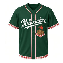 Load image into Gallery viewer, Lakefront Picnic Milwaukee Baseball Jersey in Park Lawn Green, front view – picnic basket on checkered blanket graphic with sun crest, custom name and number