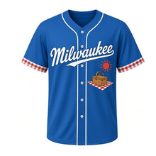 Load image into Gallery viewer, Lakefront Picnic Milwaukee Baseball Jersey in Lake Blue, front view – picnic basket on checkered blanket graphic with sun crest, custom name and number