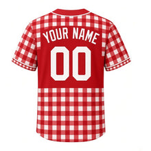 Load image into Gallery viewer, Lakefront Picnic Milwaukee Baseball Jersey in Gingham Red, back view with your name and number – custom block name and number with gingham-stripe sleeves