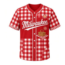 Load image into Gallery viewer, Lakefront Picnic Milwaukee Baseball Jersey in Gingham Red, front view – picnic basket on checkered blanket graphic with sun crest, custom name and number