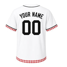 Load image into Gallery viewer, Lakefront Picnic Milwaukee Baseball Jersey in Picnic White, back view with your name and number – custom block name and number with gingham-stripe sleeves