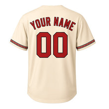 Load image into Gallery viewer, Lakefront Streetcar Milwaukee Baseball Jersey in Cream Brick Tan, back view with your name and number – rail-track pattern sleeves and yoke