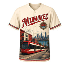 Load image into Gallery viewer, Lakefront Streetcar Milwaukee Baseball Jersey in Cream Brick Tan, front view – modern streetcar passing brick buildings and the lakefront, custom name and number