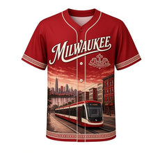 Load image into Gallery viewer, Lakefront Streetcar Milwaukee Baseball Jersey in Streetcar Red, front view – modern streetcar passing brick buildings and the lakefront, custom name and number