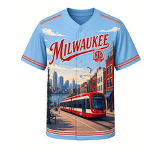 Load image into Gallery viewer, Lakefront Streetcar Milwaukee Baseball Jersey in Lake Sky Blue, front view – modern streetcar passing brick buildings and the lakefront, custom name and number