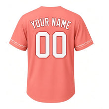 Load image into Gallery viewer, Lakefront Sunset Milwaukee Baseball Jersey in Sunset Coral, back view with your name and number – custom block name and number with ripple sleeves