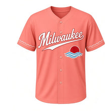 Load image into Gallery viewer, Lakefront Sunset Milwaukee Baseball Jersey in Sunset Coral, front view – half sun setting over lake waves graphic, custom name and number