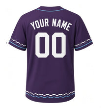 Load image into Gallery viewer, Lakefront Sunset Milwaukee Baseball Jersey in Dusk Plum, back view with your name and number – custom block name and number with ripple sleeves