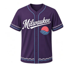 Load image into Gallery viewer, Lakefront Sunset Milwaukee Baseball Jersey in Dusk Plum, front view – half sun setting over lake waves graphic, custom name and number