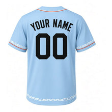 Load image into Gallery viewer, Lakefront Sunset Milwaukee Baseball Jersey in Evening Sky Blue, back view with your name and number – custom block name and number with ripple sleeves