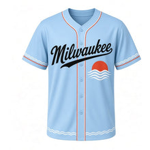 Load image into Gallery viewer, Lakefront Sunset Milwaukee Baseball Jersey in Evening Sky Blue, front view – half sun setting over lake waves graphic, custom name and number