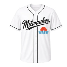 Load image into Gallery viewer, Lakefront Sunset Milwaukee Baseball Jersey in Shoreline White, front view – half sun setting over lake waves graphic, custom name and number