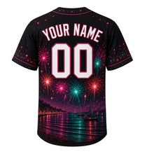 Load image into Gallery viewer, Lakeshore Fireworks Milwaukee Baseball Jersey in Midnight Black, back view with your name and number – spark and star pattern sleeves