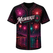Load image into Gallery viewer, Lakeshore Fireworks Milwaukee Baseball Jersey in Midnight Black, front view – fireworks bursting over the lakefront harbor art, custom name and number
